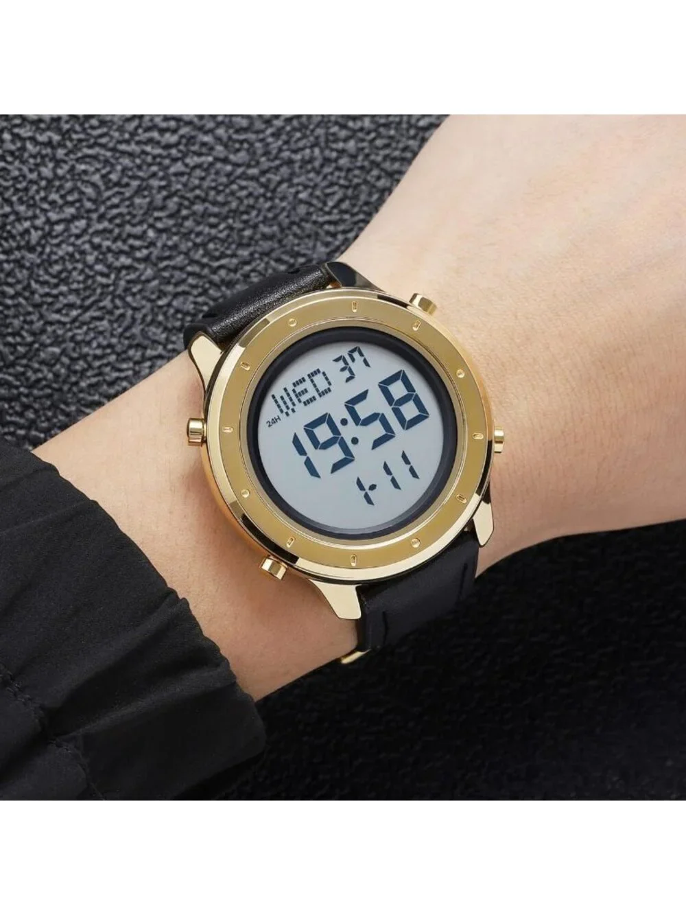 Mens Black Gold Analog Quartz Stainless Steel Waterproof LED Digital Wrist Watch